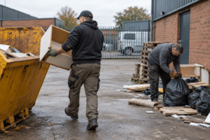 Clean-up: Two workers clear fly-tipped rubbish from a commercial site, lifting discarded furniture and bagged waste into a skip.